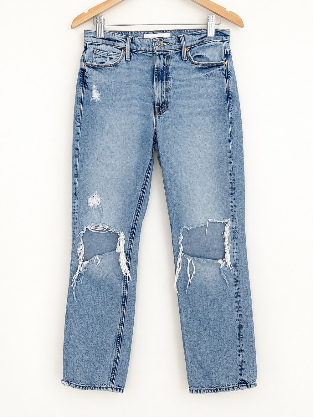 MOTHER Denim 27 Distressed Straight Leg Cropped Jeans Light Wash